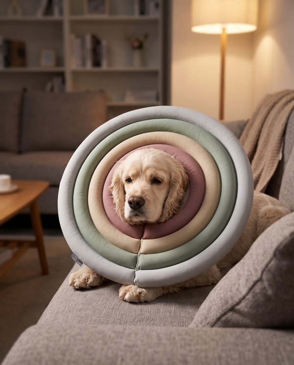 A cocker spaniel wearing a soft padded recovery collar resting on a sofa