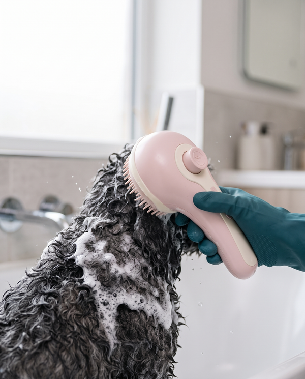An electric bubble grooming brush foaming shampoo through a dog's coat in the bath