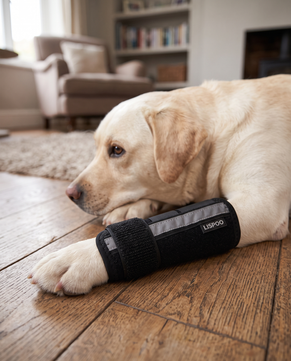 A cream labrador resting at home with an adjustable splint fitted on its front leg