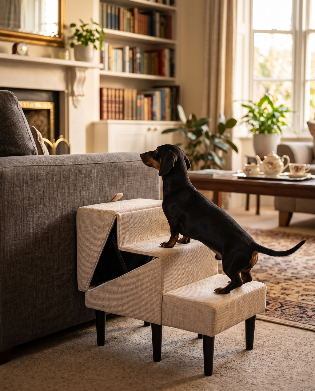 A dachshund climbing folding non-slip pet steps up to a sofa