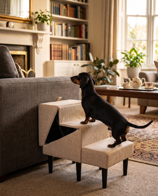 A dachshund climbing folding non-slip pet steps up to a sofa