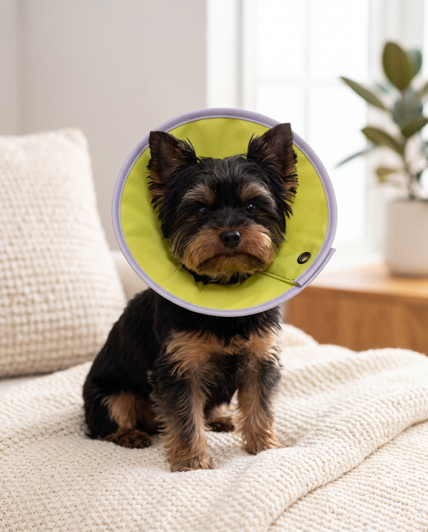 A small Yorkshire terrier wearing a soft fabric Elizabethan recovery collar