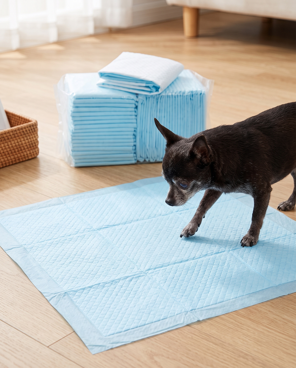A disposable absorbent dog pad laid on a wooden floor with a senior dog stepping onto it