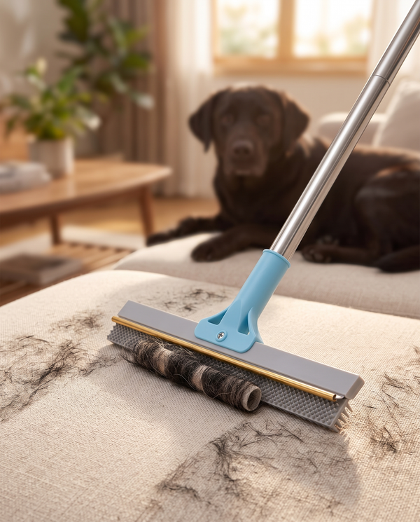 A pet hair remover lifting a line of dark pet hair from a pale sofa cushion
