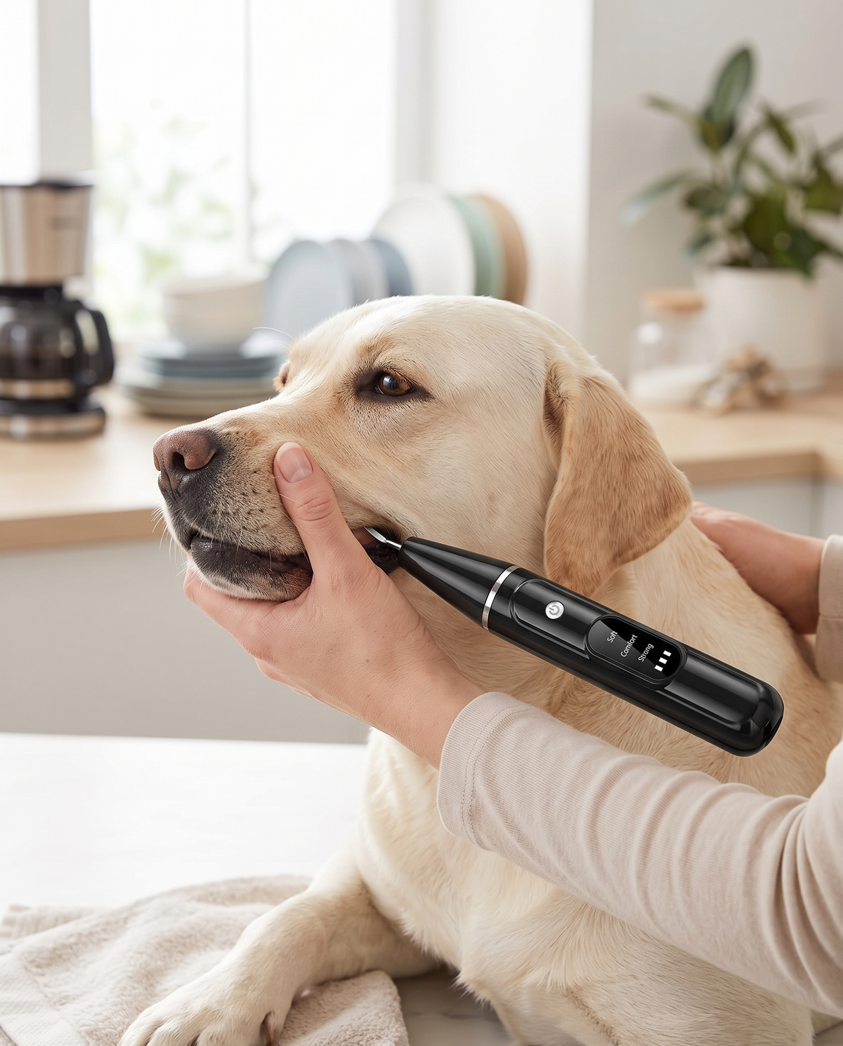 An ultrasonic dog tooth cleaner in use on a calm labrador's teeth