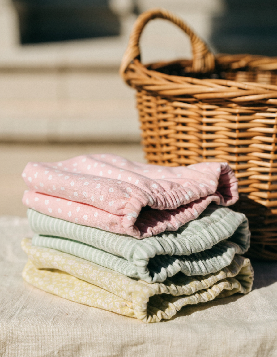 Three folded pairs of washable dog season pants stacked neatly on pale linen