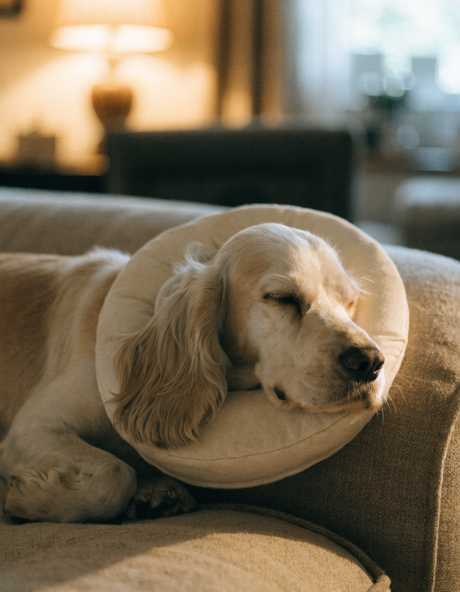 A cream cocker spaniel asleep on a sofa in a padded donut recovery collar