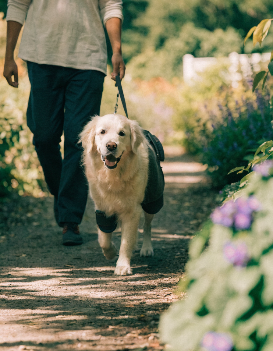 An owner walking slowly beside a cream golden retriever held in a rear-leg support sling