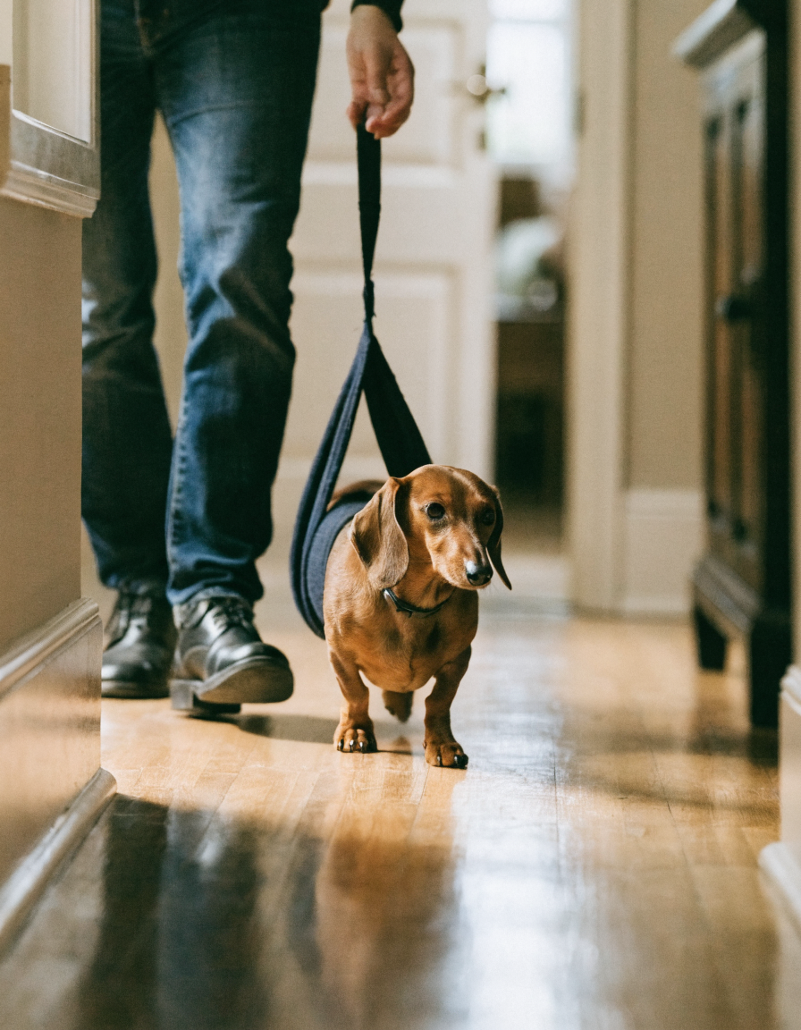 A dachshund in a navy support sling walking steadily along a hallway
