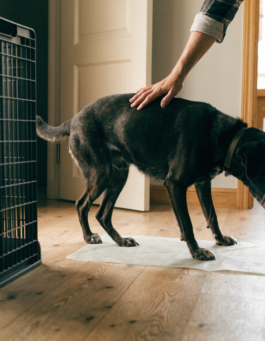 A senior dog stepping onto a clean absorbent pad beside a crate, owner's hand on its back