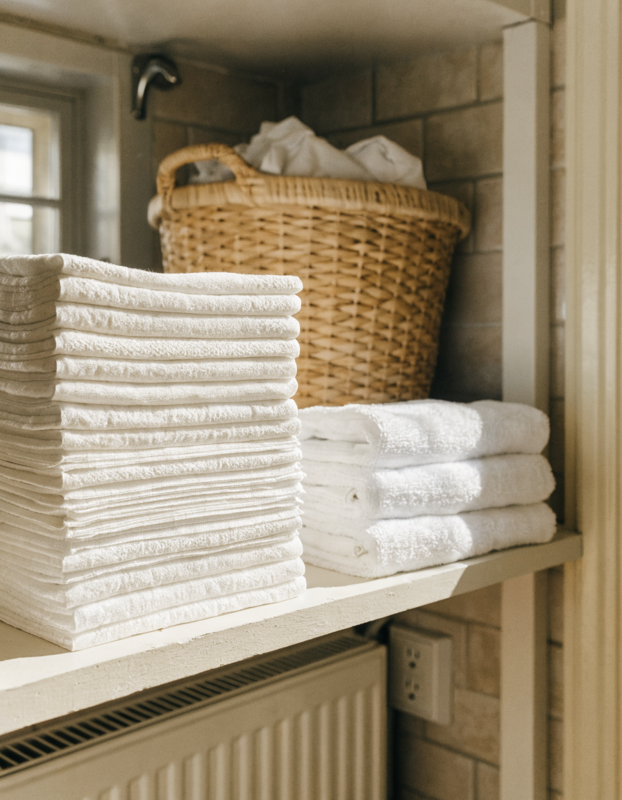 A neat stack of clean absorbent pet pads on a utility room shelf beside folded towels