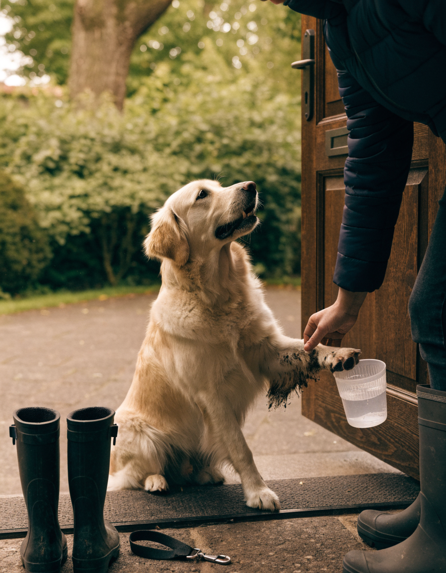A golden retriever waiting at the back door while its owner cleans a muddy paw