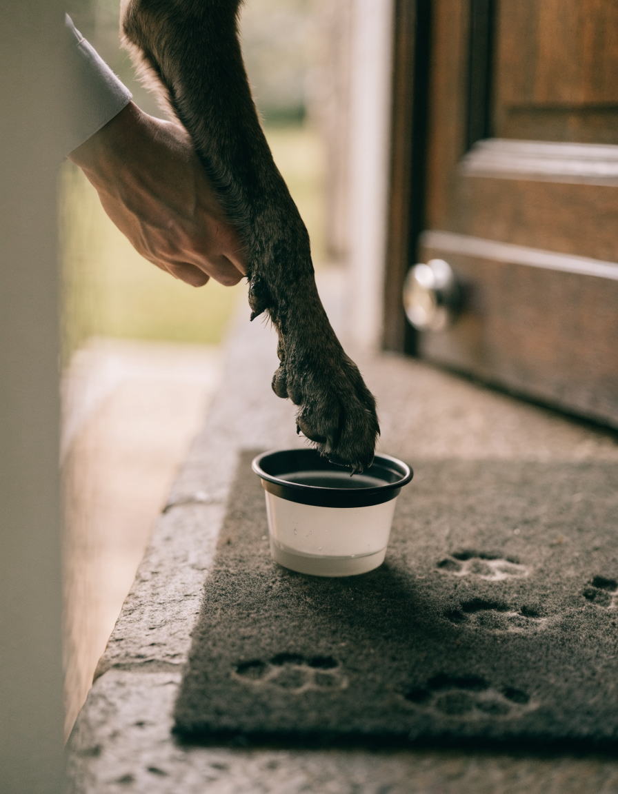 A muddy dog paw being lowered into a portable paw-cleaning cup on a doorstep