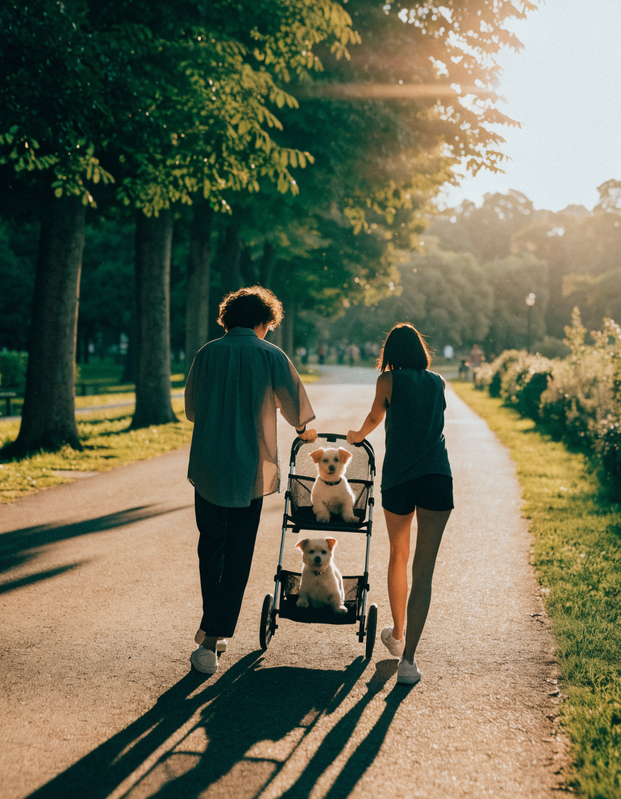 A couple pushing a double-decker pet stroller down a tree-lined park avenue at golden hour