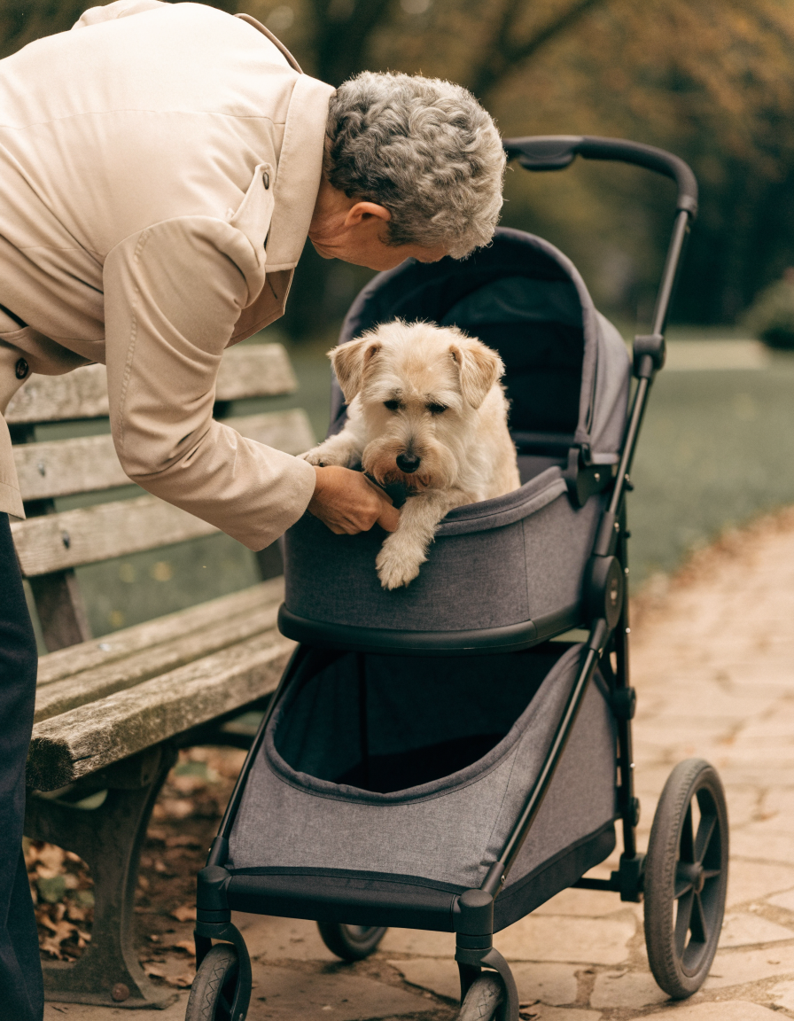 An owner lifting a senior terrier into the lower level of a double-decker pet stroller