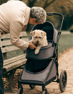 An owner lifting a senior terrier into the lower level of a double-decker pet stroller