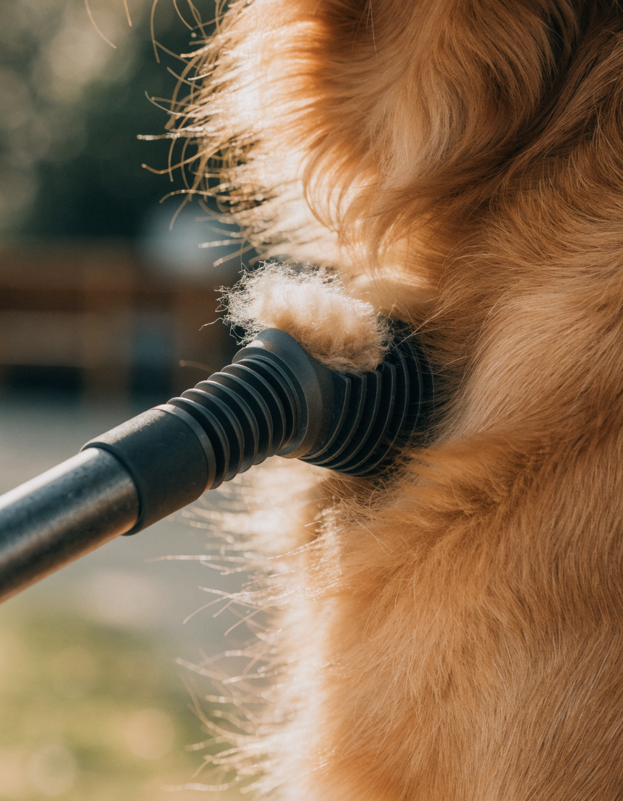 Close view of a grooming vacuum nozzle collecting loose hair from a golden retriever's coat