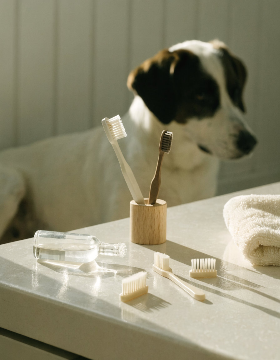 A dental care kit with brush heads laid out on a bathroom surface beside a folded towel