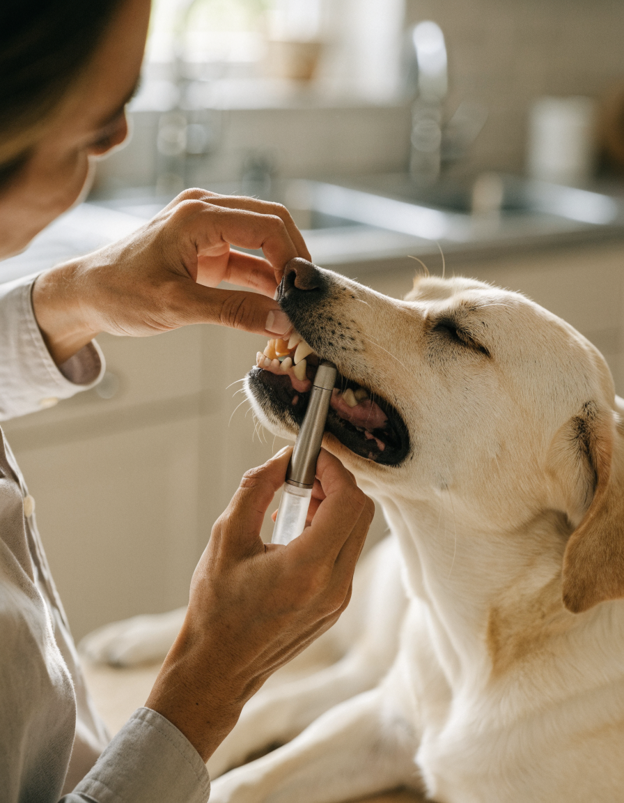 An owner gently cleaning the back teeth of a cream labrador with a handheld dental device