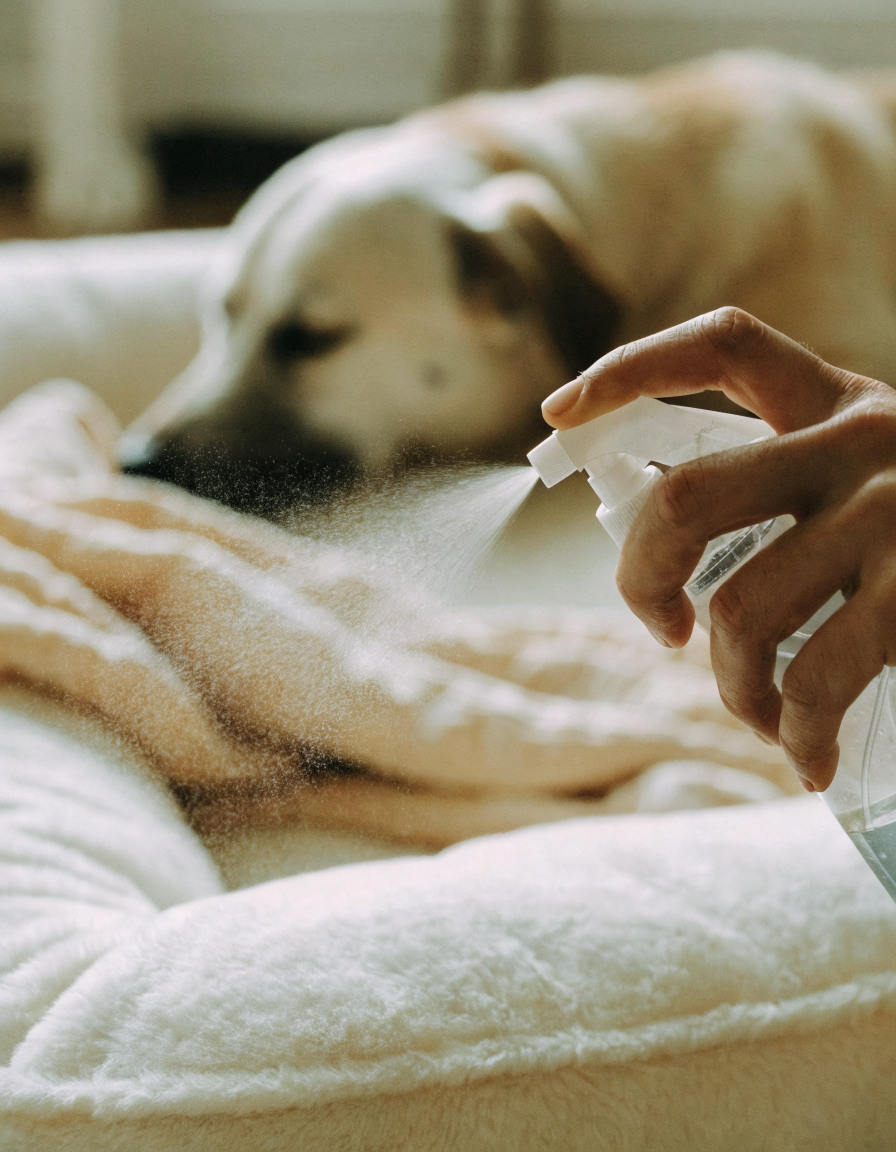 Spraying odour remover over a dog bed and blanket, fine mist catching the light