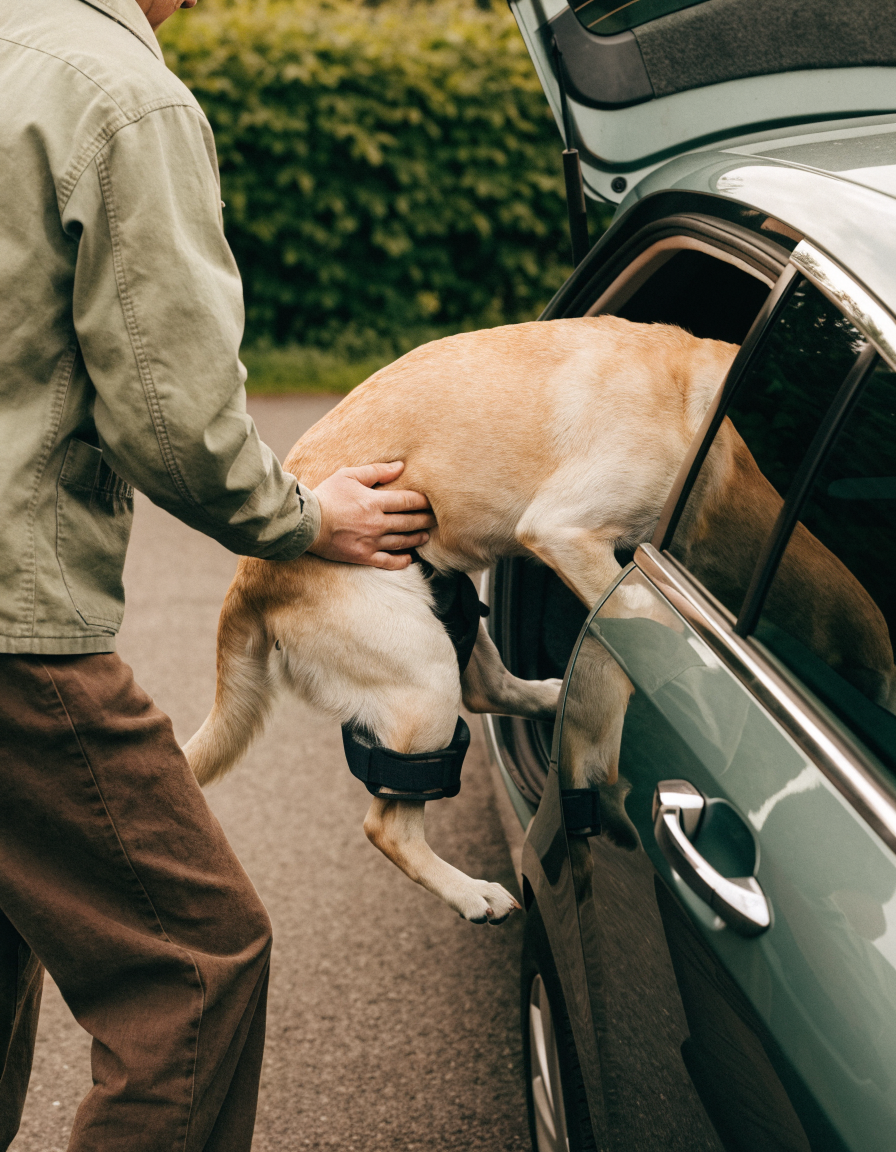 A labrador in a rear-leg support sling being helped into the boot of an estate car