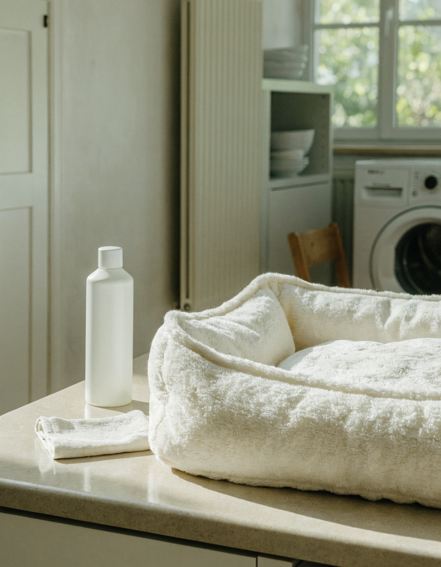 An enzyme odour spray bottle beside a freshly laundered dog bed in a bright utility room