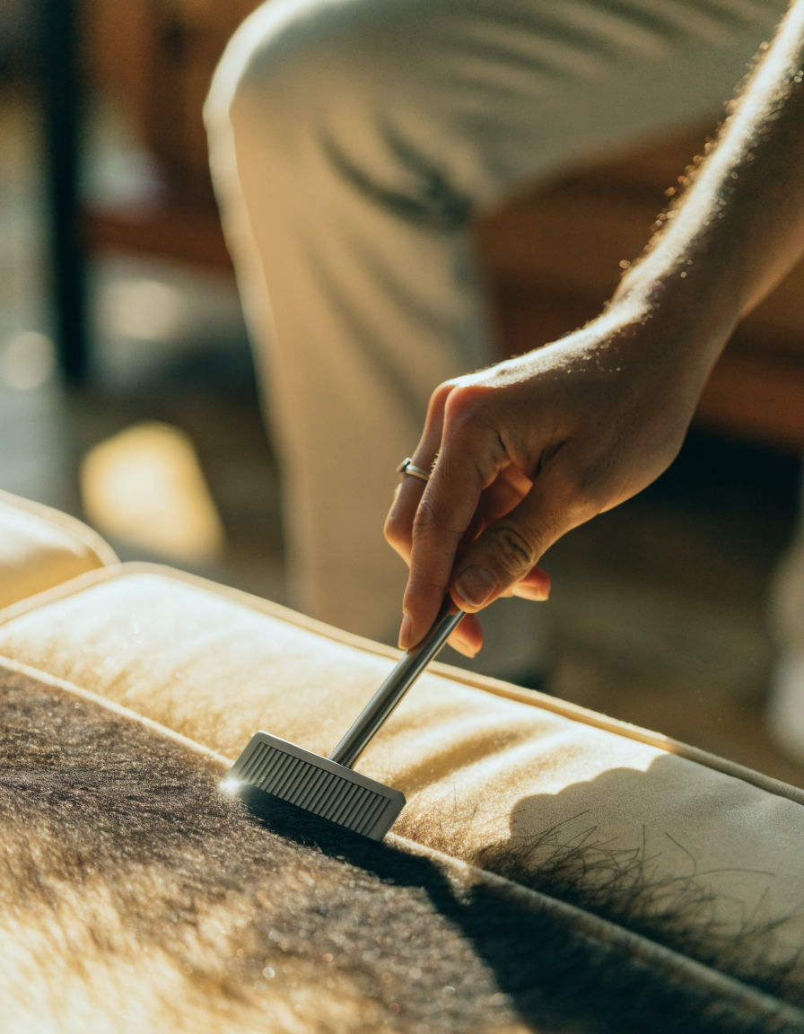 A hand drawing a pet hair remover across a sofa cushion leaving a clean stripe behind