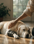 A labrador lying on a wooden floor wearing a leg brace, owner's hand on its shoulder