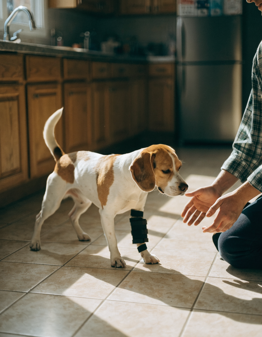 A beagle with a support brace on one front leg walking carefully across a kitchen floor