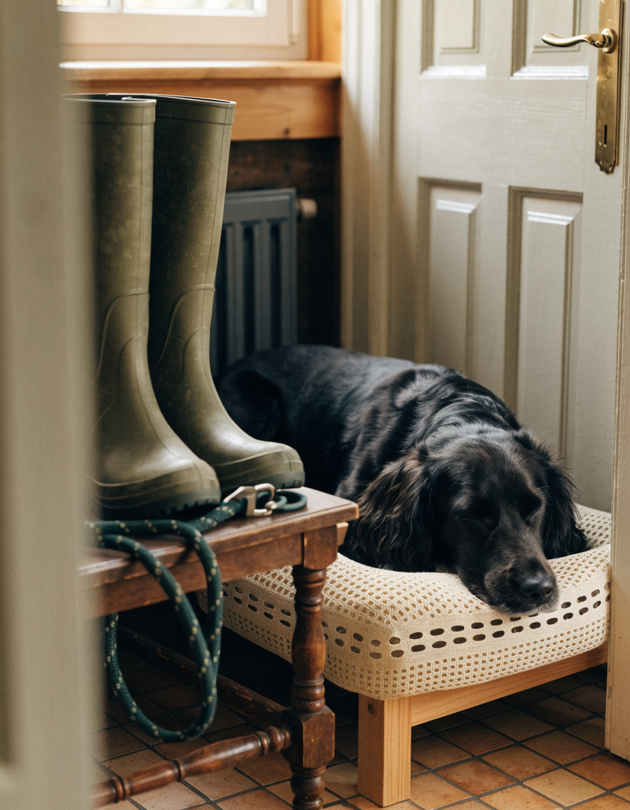 A raised dog bed in a bright utility room with a dark spaniel asleep on it