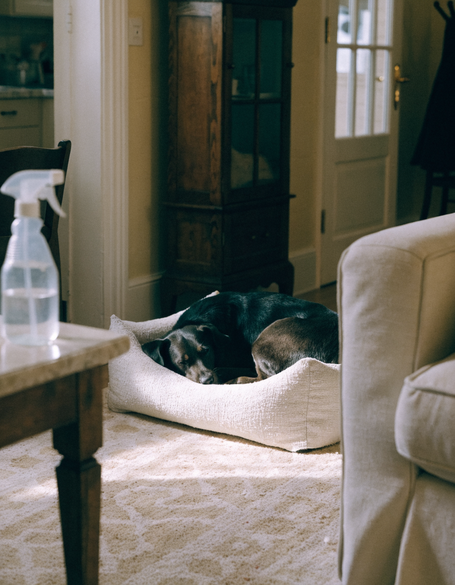 A fresh clean living room with a dog asleep on a laundered bed and an odour spray on the side table