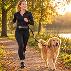 Woman jogging with a golden retriever using the Buddies hands-free running leash