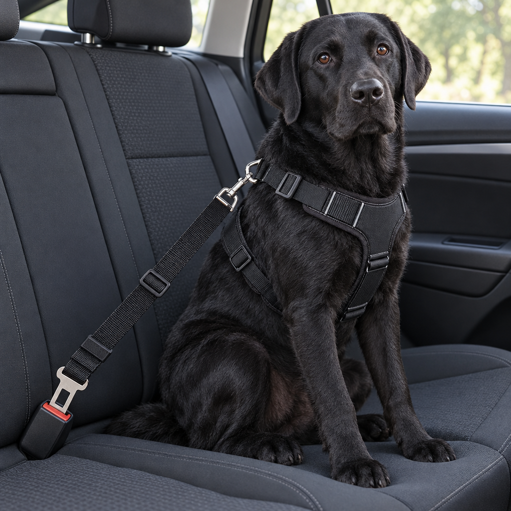 Black labrador secured on a car back seat with the Buddies dog car seat belt