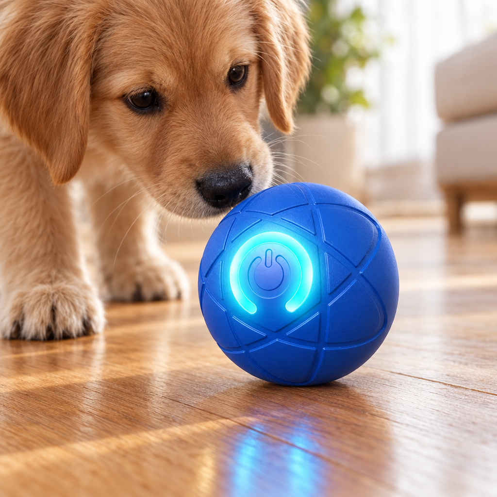 Puppy sniffing the glowing self-rolling dog ball