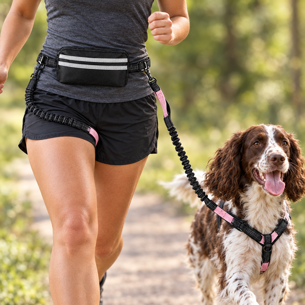Hands-free leash waist belt and bungee lead with a springer spaniel
