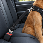 Dog car seat belt clipped into a seat belt buckle