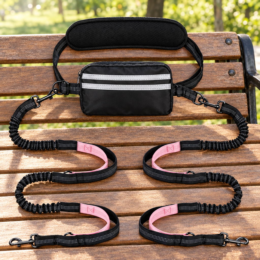 Hands-free leash set with waist belt, pouch and bungee lead