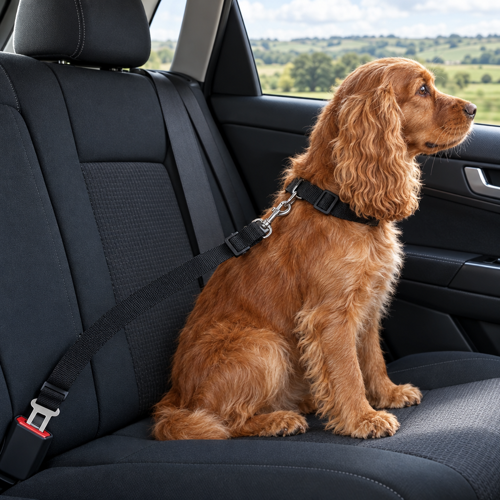 Cocker spaniel safely secured in the car with a dog seat belt