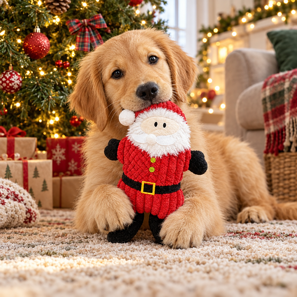 Golden retriever puppy with a plush Santa dog toy by the Christmas tree