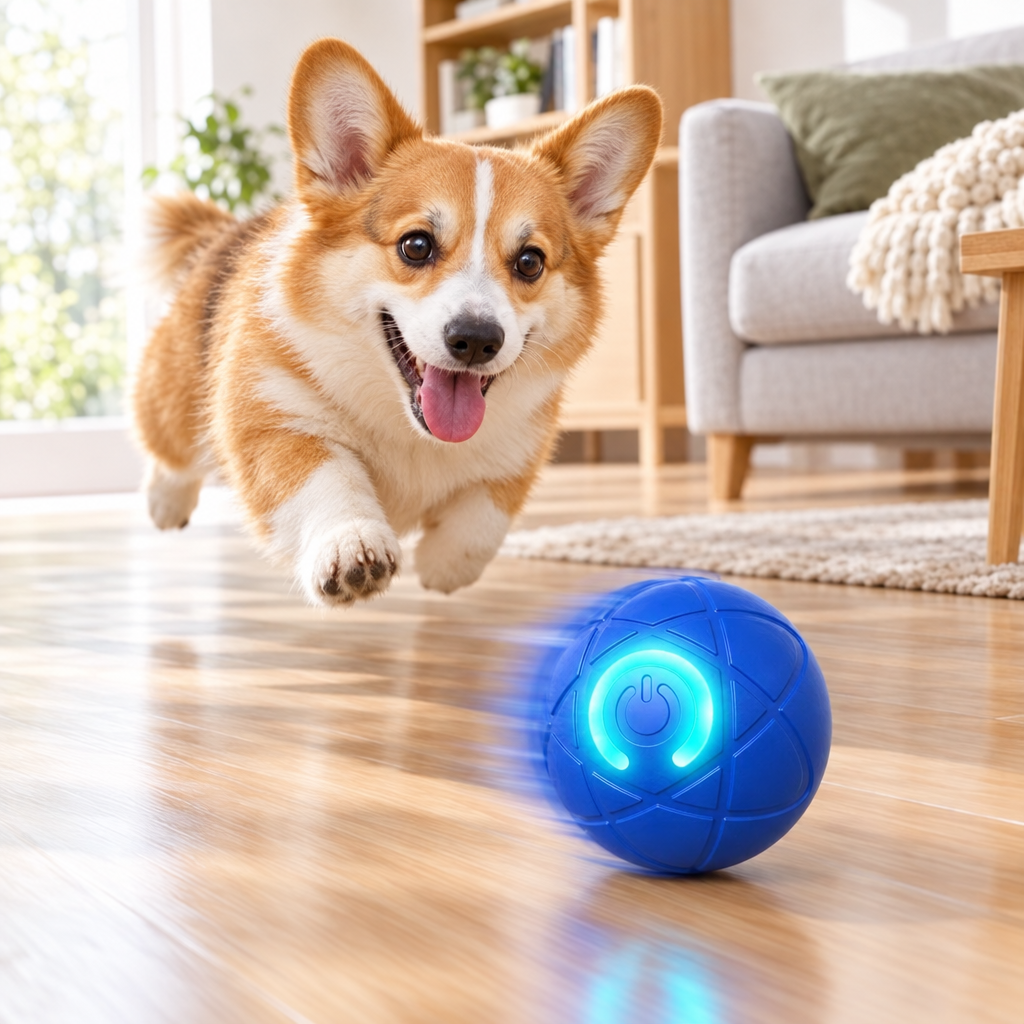 Corgi chasing the Buddies self-rolling dog ball