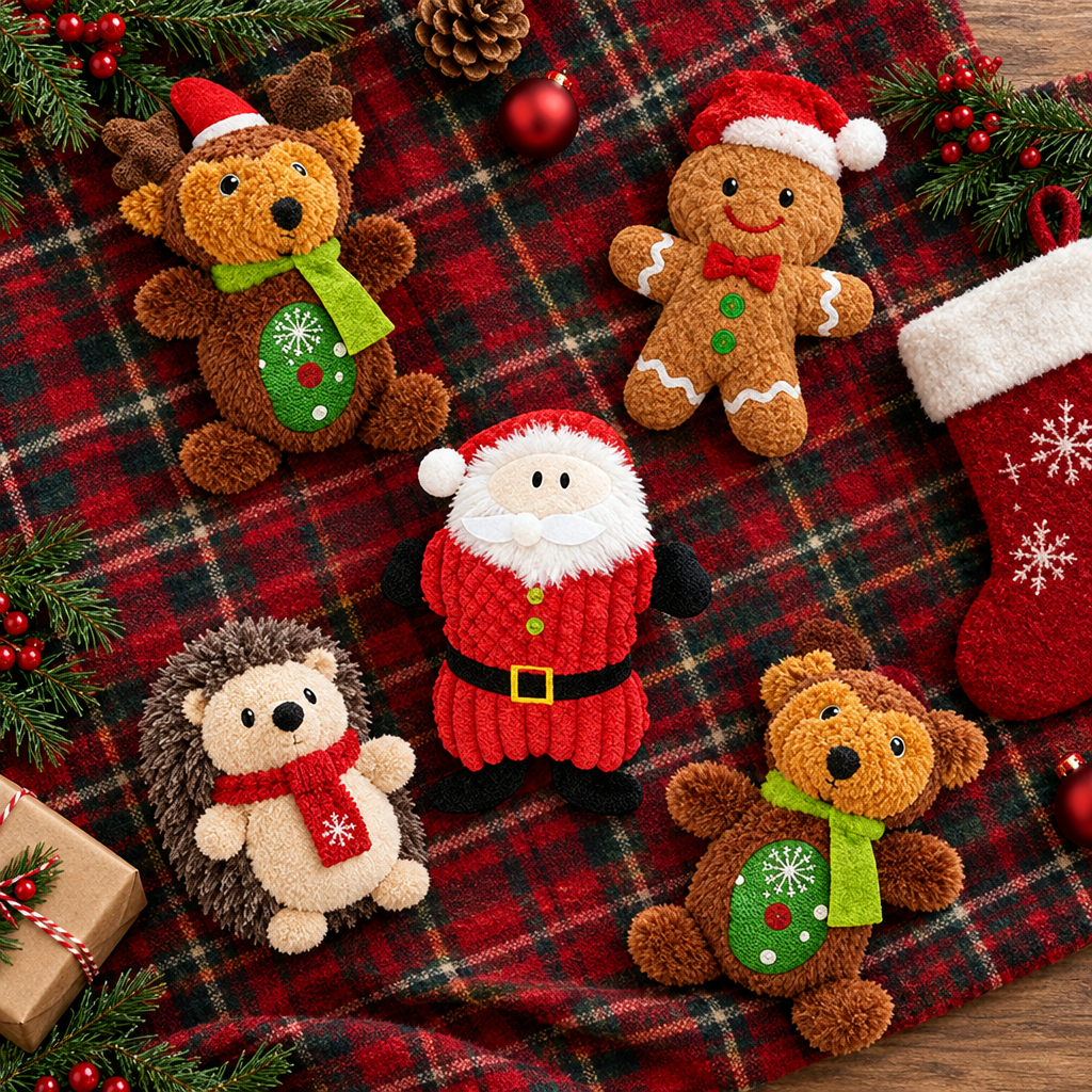 Christmas plush dog toys on a tartan blanket