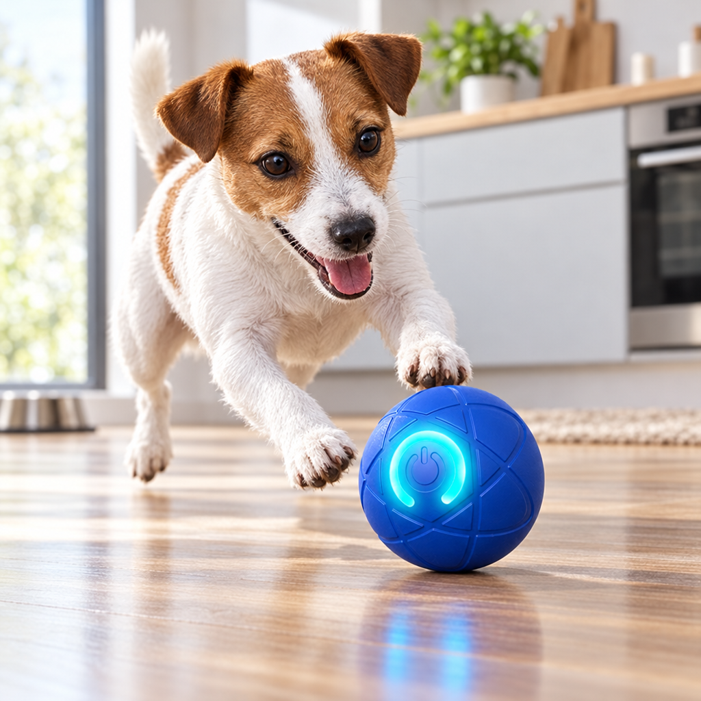 Jack Russell pouncing on the interactive rolling ball