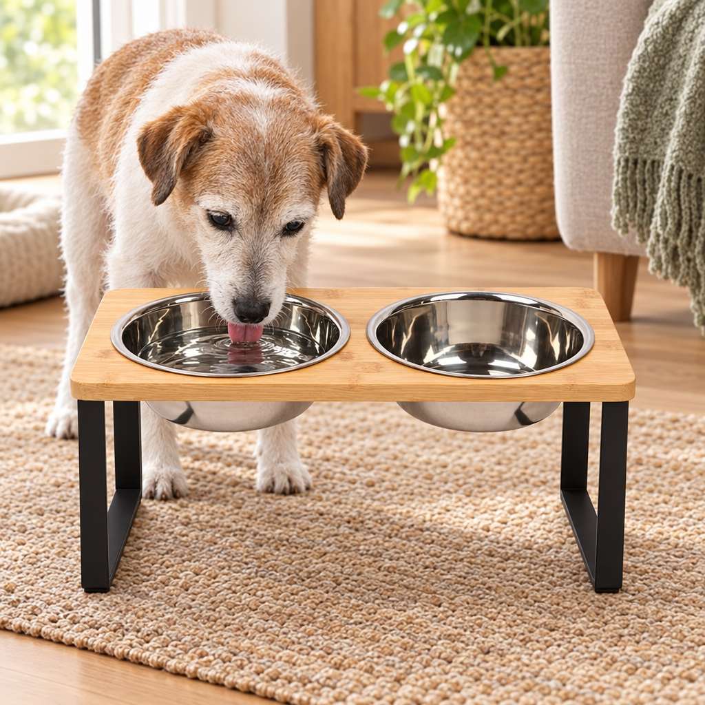 Senior dog drinking from the elevated bamboo bowl stand