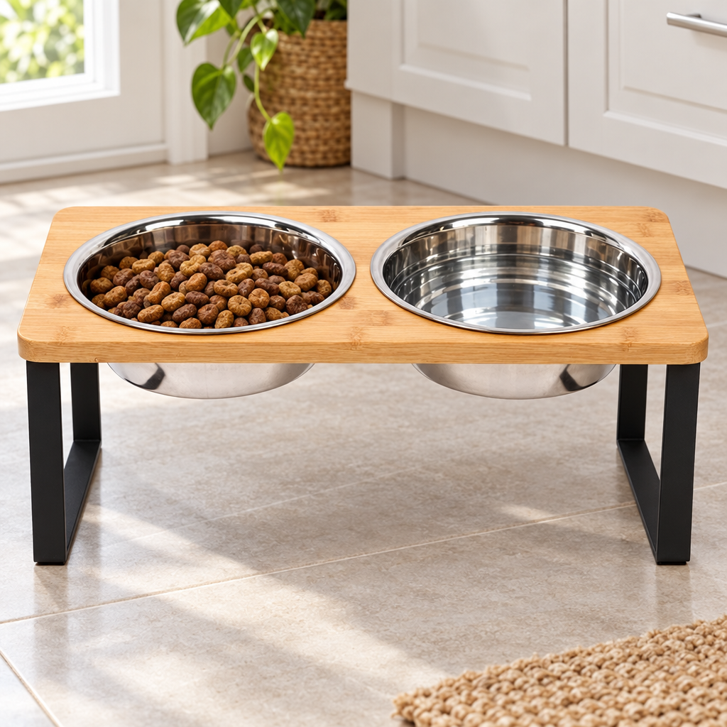 Raised bamboo dog bowl stand with food and water
