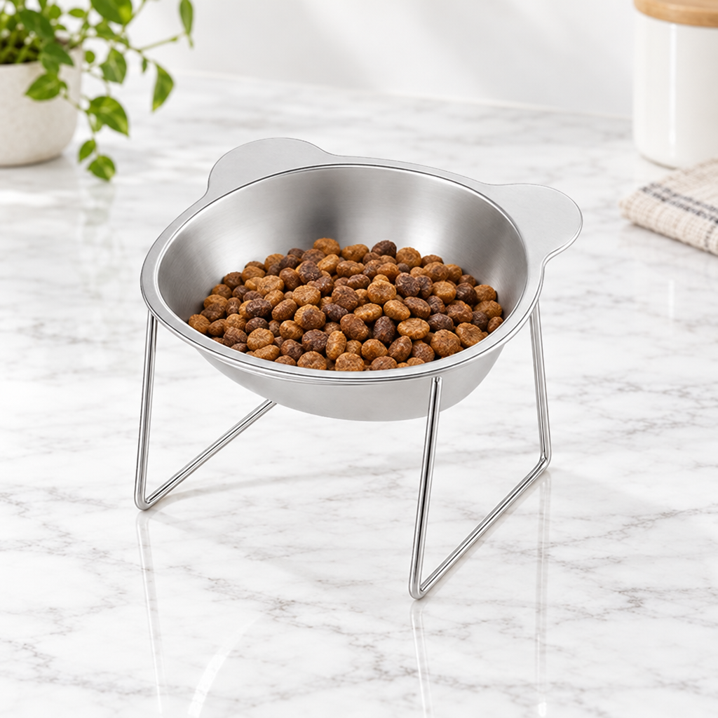 Tilted stainless steel dog bowl on raised stand with kibble