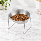 Tilted stainless steel dog bowl on raised stand with kibble