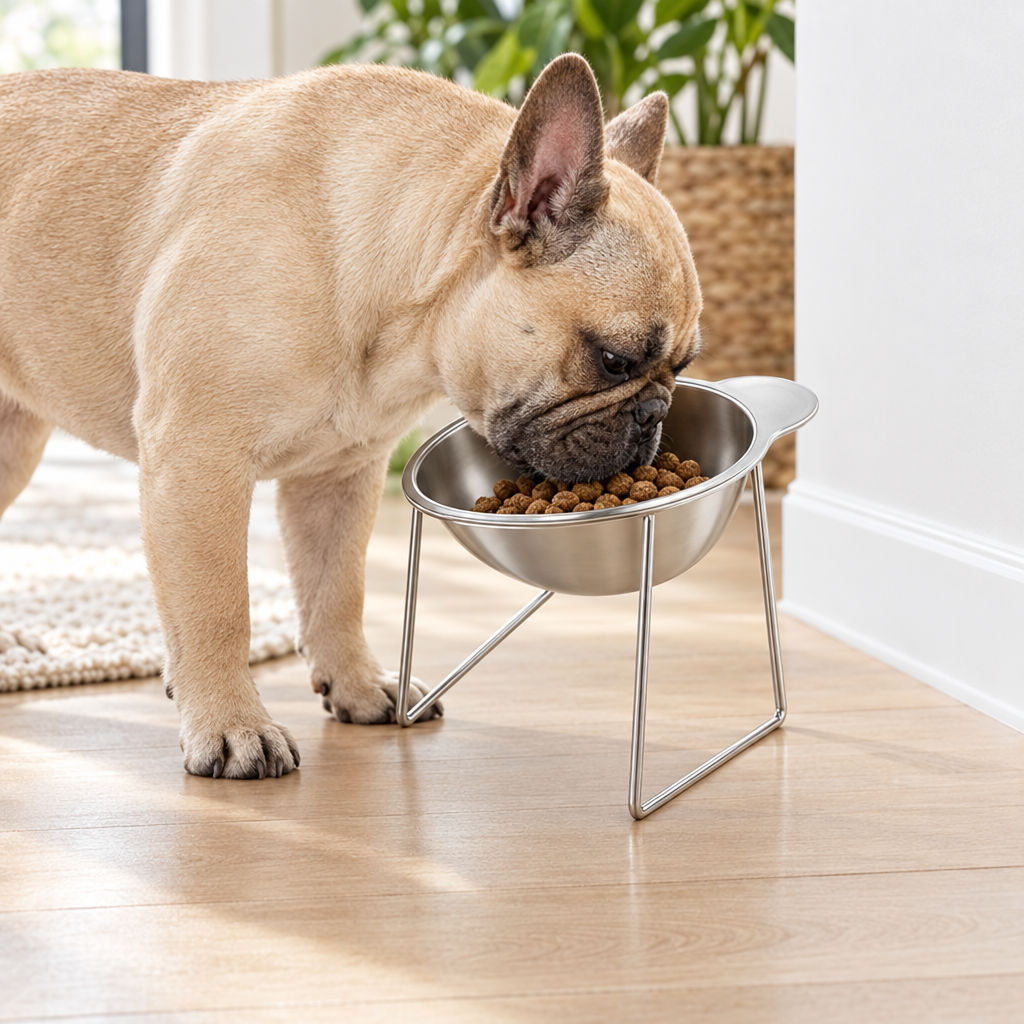 French bulldog eating from the elevated tilted steel bowl