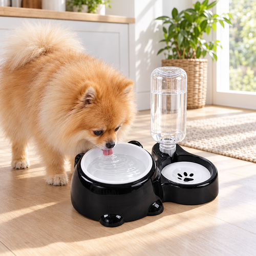 Pomeranian drinking from the 2-in-1 dog food and water feeder