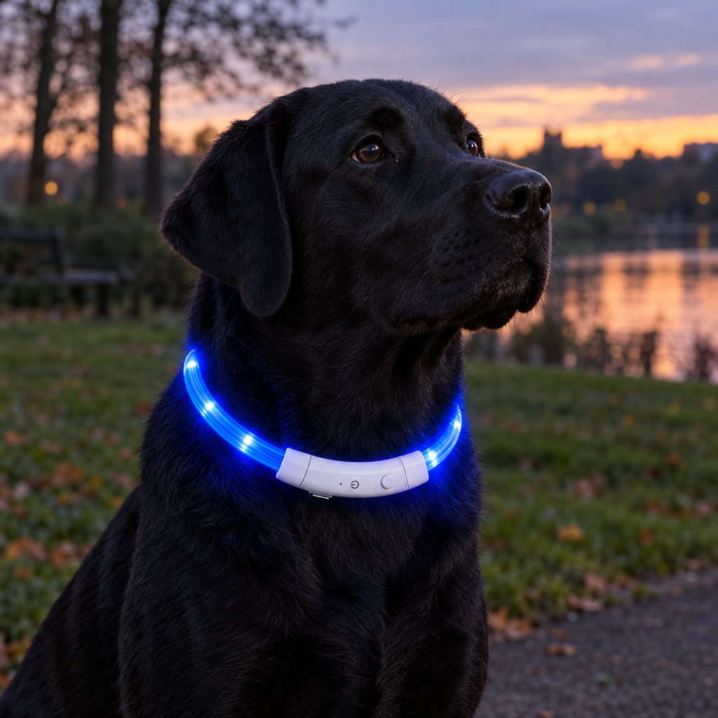 Black labrador wearing a glowing blue LED dog collar at dusk