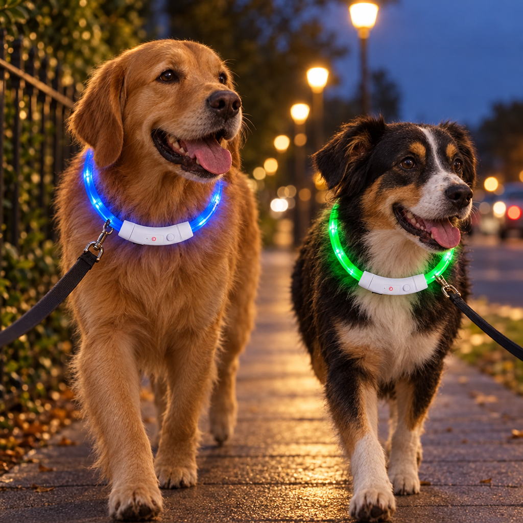 Two dogs on an evening walk wearing light-up LED collars